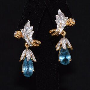 Certified Natural 5.67Cts VS F Diamond Aquamarine 18K Gold Dangle Earrings